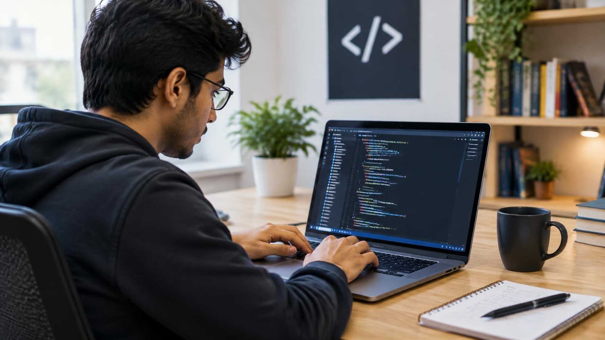 programmer coding on laptop