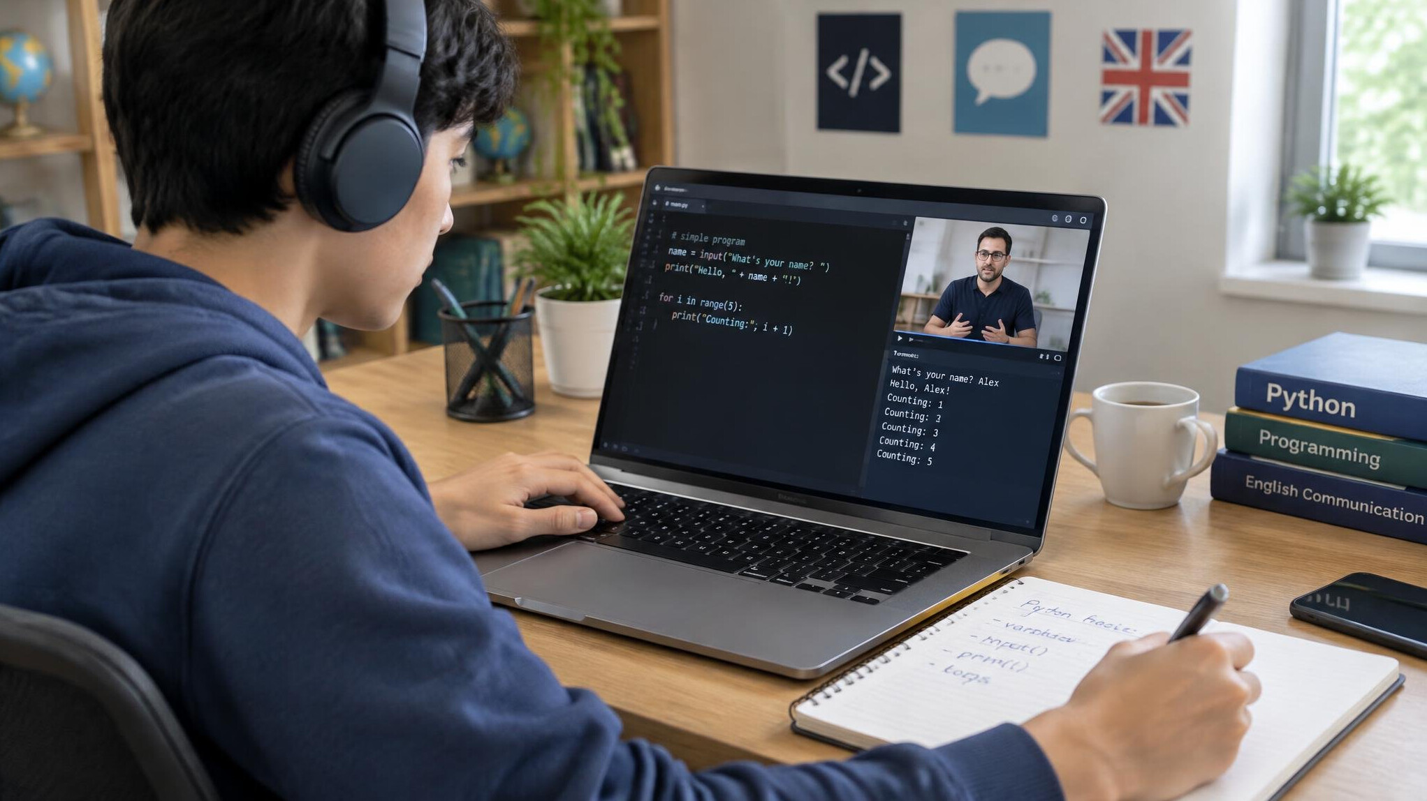 student coding on laptop with notebook