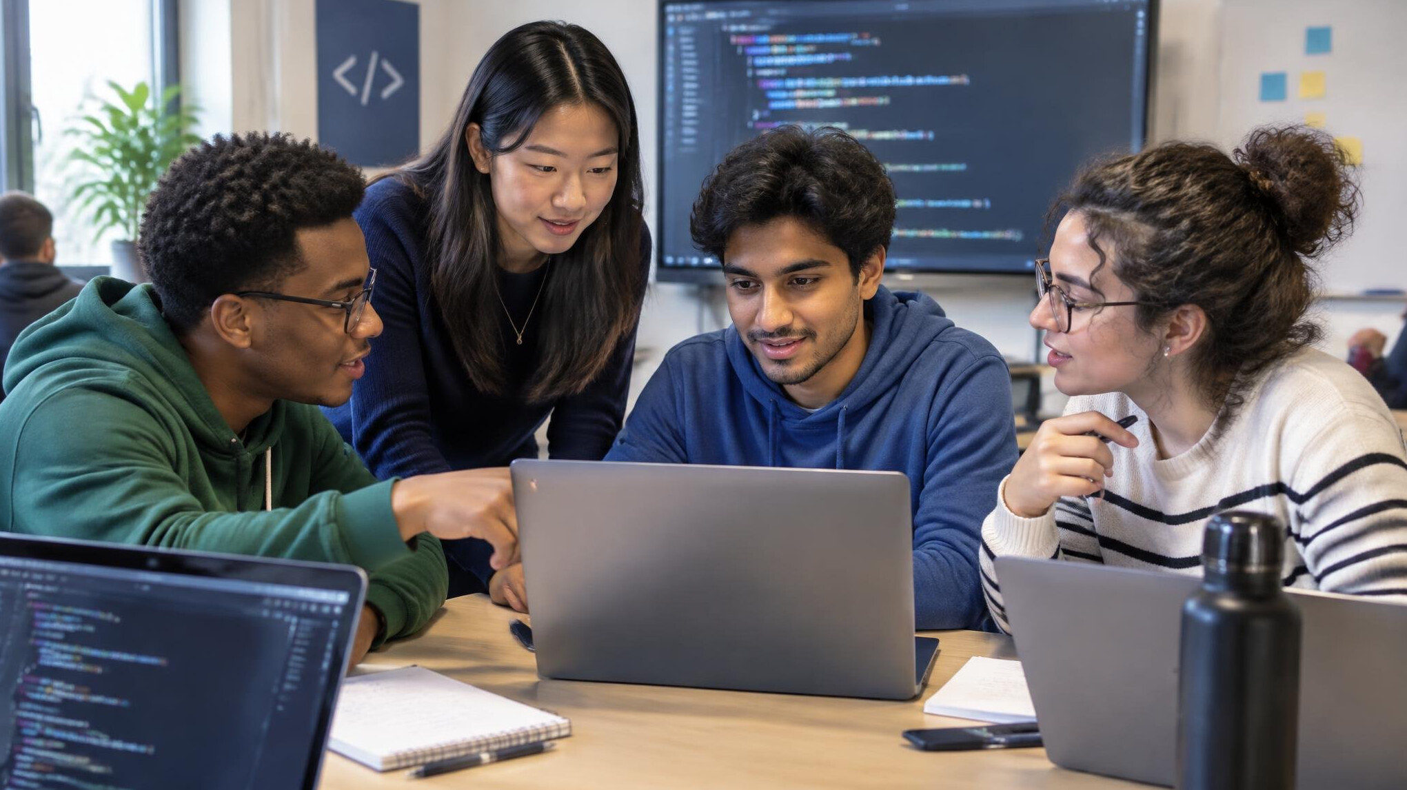 diverse students collaborating on code