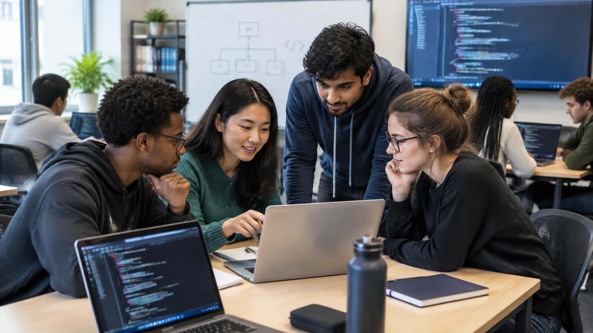 diverse students learning coding in classroom