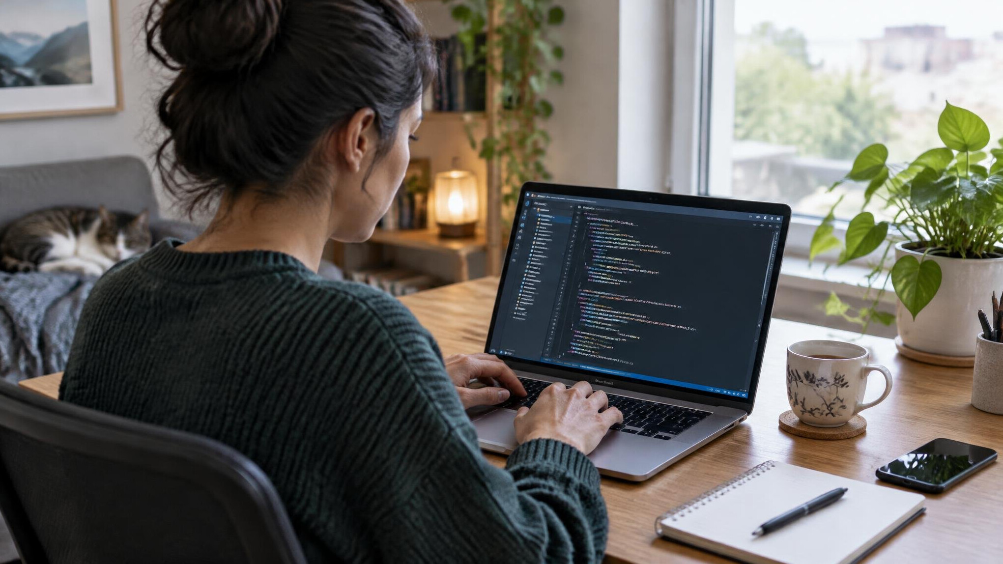 woman coding on laptop at home
