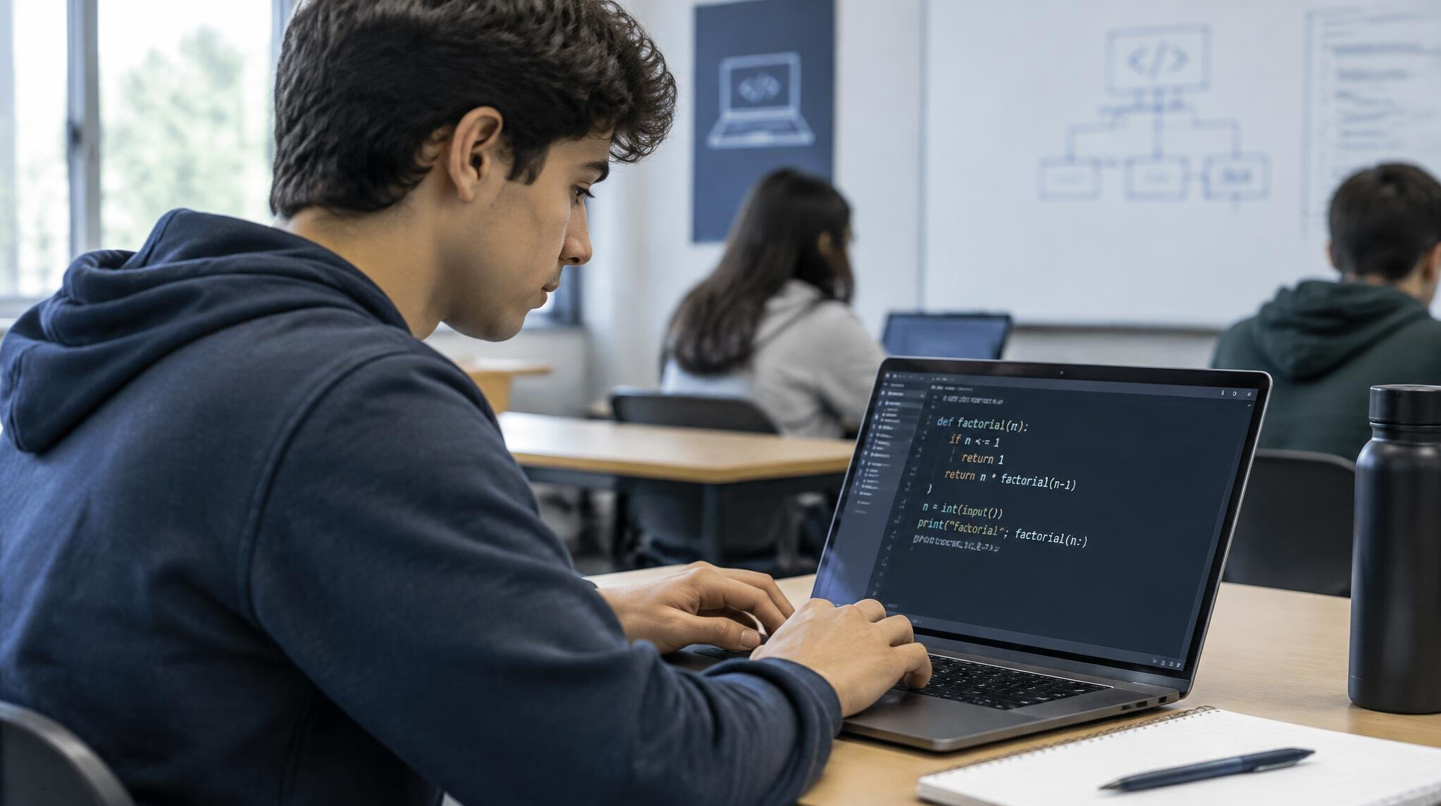 student typing code on laptop